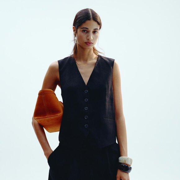 Zara Women's Tailored Linen Blend Vest Black Button Waistcoat Chic Sz XL NWT - Picture 1 of 8